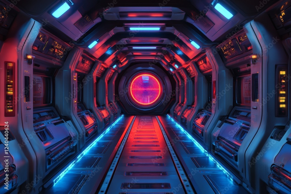 Poster futuristic corridor with vibrant lighting and sci-fi design in a space station