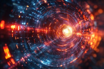Obraz premium Digital tunnel of light exploring vibrant energy patterns in a cosmic space