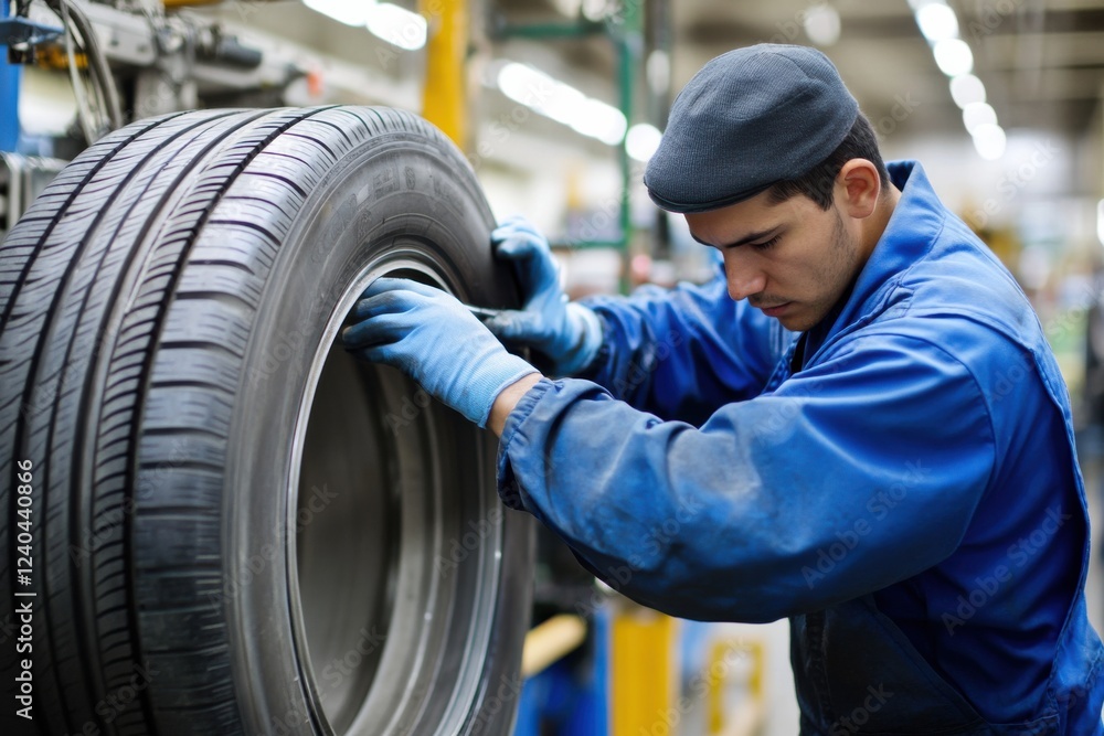 Poster skilled worker applying finishing touches to tyre with precision tools on a busy factory floor, capt
