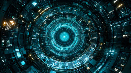 Futuristic Circular Digital Interface with Glowing Blue Patterns