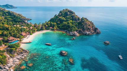 Naklejka premium A stunning aerial view of a tropical beach featuring clear turquoise waters, lush greenery, and rocky formations under a bright blue sky.