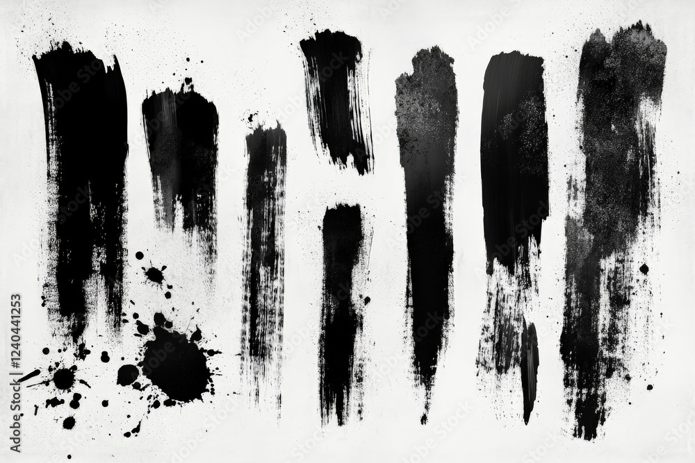 Poster bold black brush strokes create dynamic abstract artwork on a white background in a contemporary art