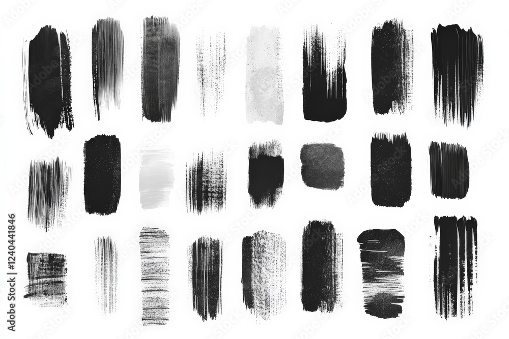 Poster Collection of black and white brush strokes showcasing various textures and patterns for artistic use