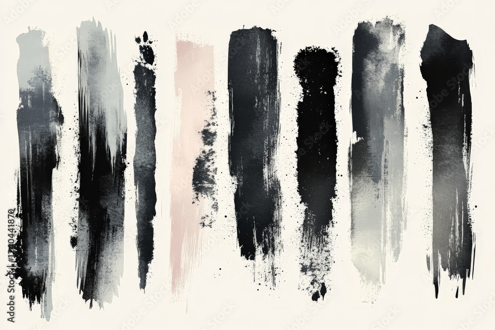 Poster Creative display of abstract brush strokes in grayscale tones on a light background, showcasing textures and artistic expression