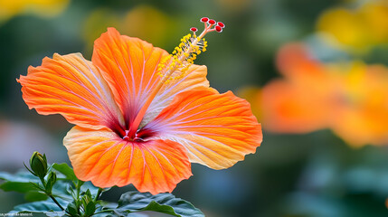 Vibrant Orange Hibiscus Flower in Bloom with Soft Green Background
