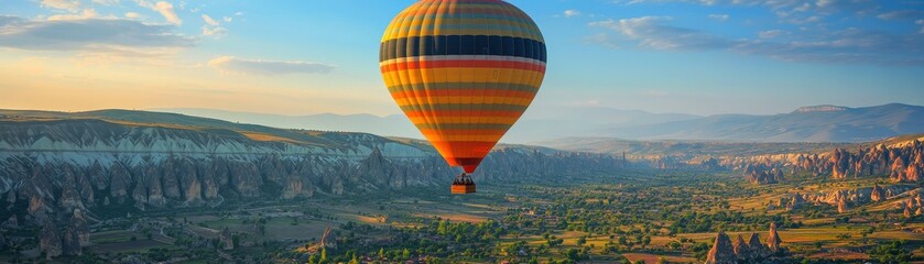 Fototapeta premium A vibrant hot air balloon floats above a stunning landscape, showcasing rolling hills and a picturesque sky.