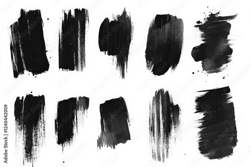 Aufkleber black paint strokes in various styles and textures on a white background for artistic use and design