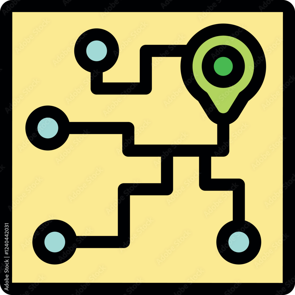 Poster electronic navigation system displaying interconnected locations with lines and a destination pin, s