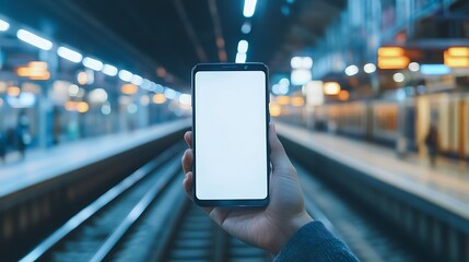 Person holds phone at train station, with platform lights