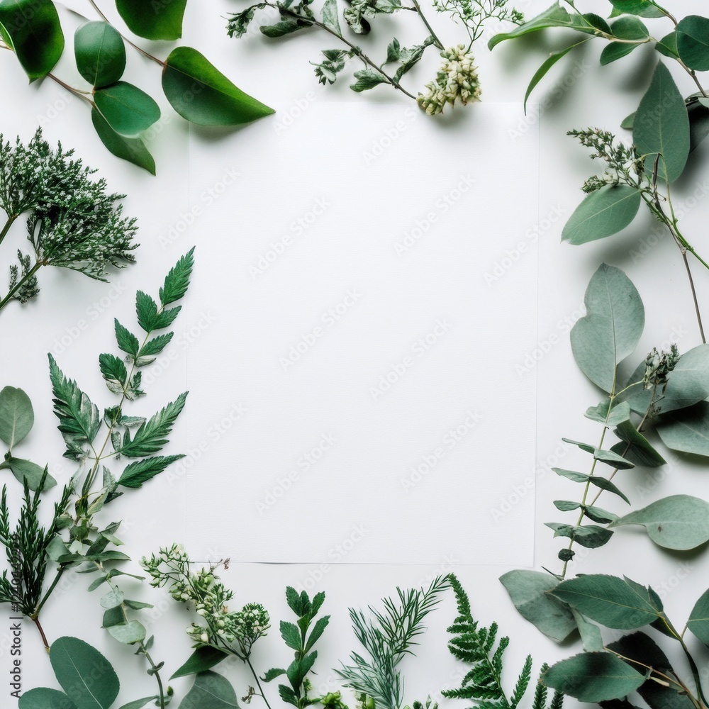 Poster Elegant arrangement of fresh green leaves framing an empty space for creative text display in a natural setting. Generative AI