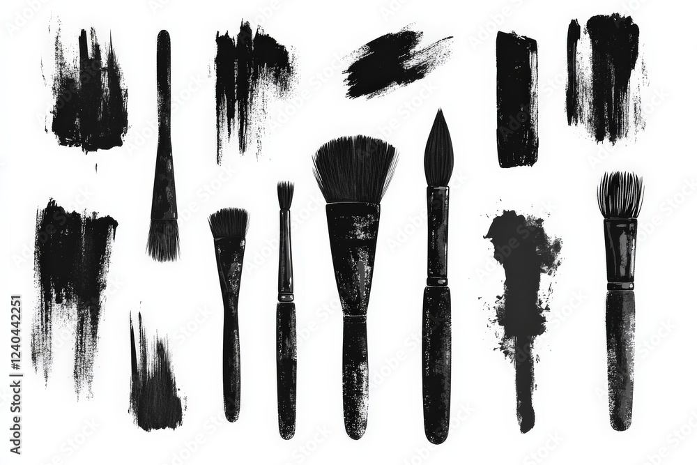 Poster various paintbrushes and black paint strokes arranged in an artistic composition
