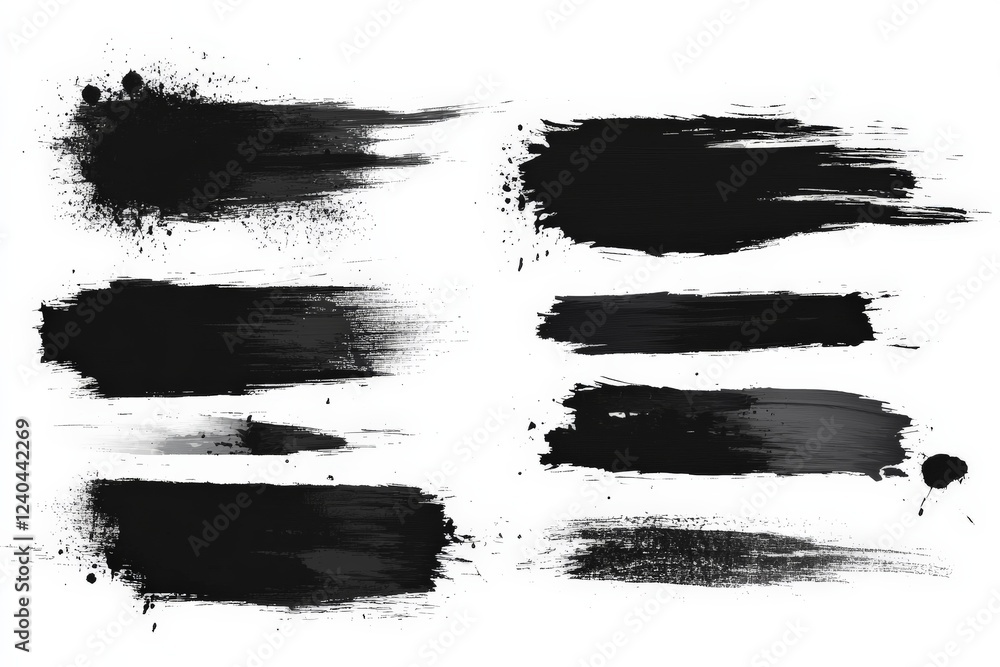 Aufkleber Black paint strokes on white background showcasing different brush techniques and textures for artistic design