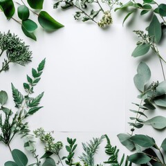 Naklejka premium Elegant arrangement of fresh green leaves framing an empty space for creative text display in a natural setting. Generative AI