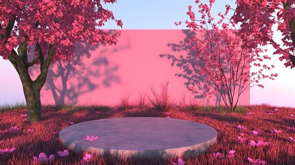 Pink Floral Spring Scene with Round Stone Pedestal
