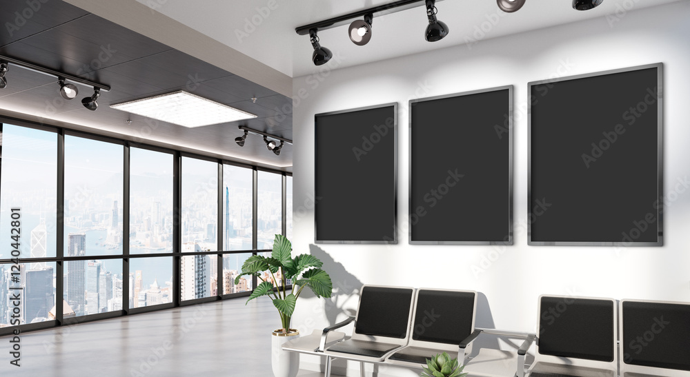 Poster three vertical frames mockup hanging in office waiting room. mock up of billboards in modern concret
