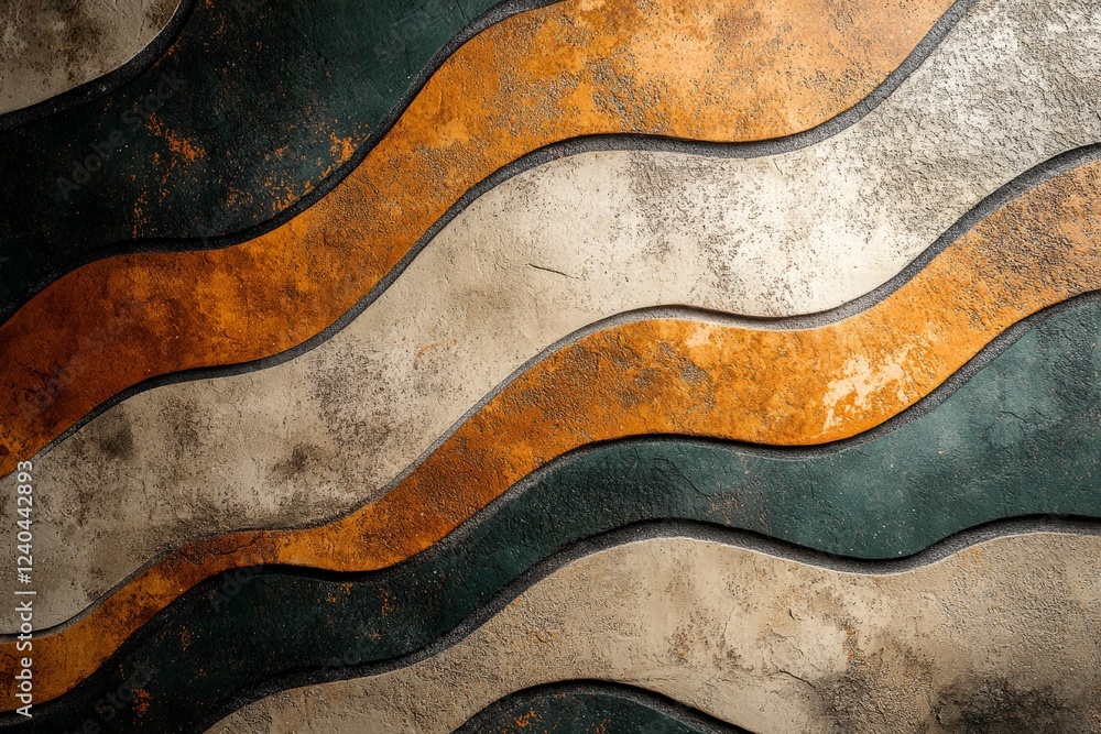 Poster artistic wall design featuring wavy patterns in earthy tones of orange, green, and beige crafted wit
