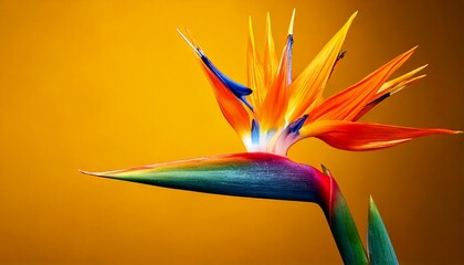 close up of Strelitzia flower, yellow background, copy space 