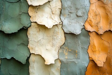 Fototapeta premium Textured wall with peeling paint showcasing earthy tones and unique patterns in an urban setting