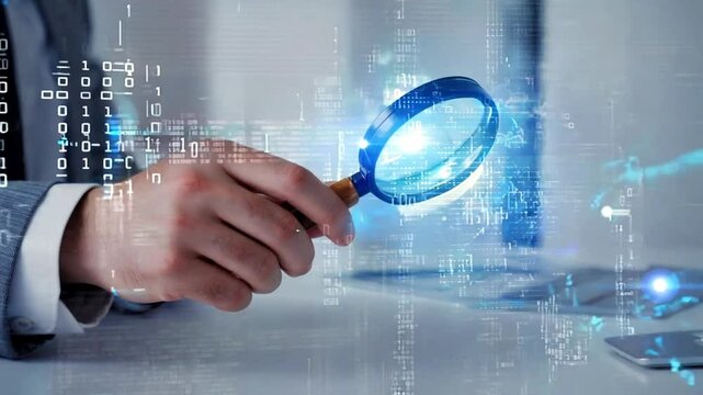 businessman holding magnifying glass looking at virtual data chart dashboard in concept of investment data analysis and DMS document audit financial Tax Fraud audit Using Magnifying Glass