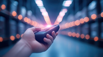 inventory management system Person using a handheld scanner to track inventory, warehouse aisle, focus on the scanning device