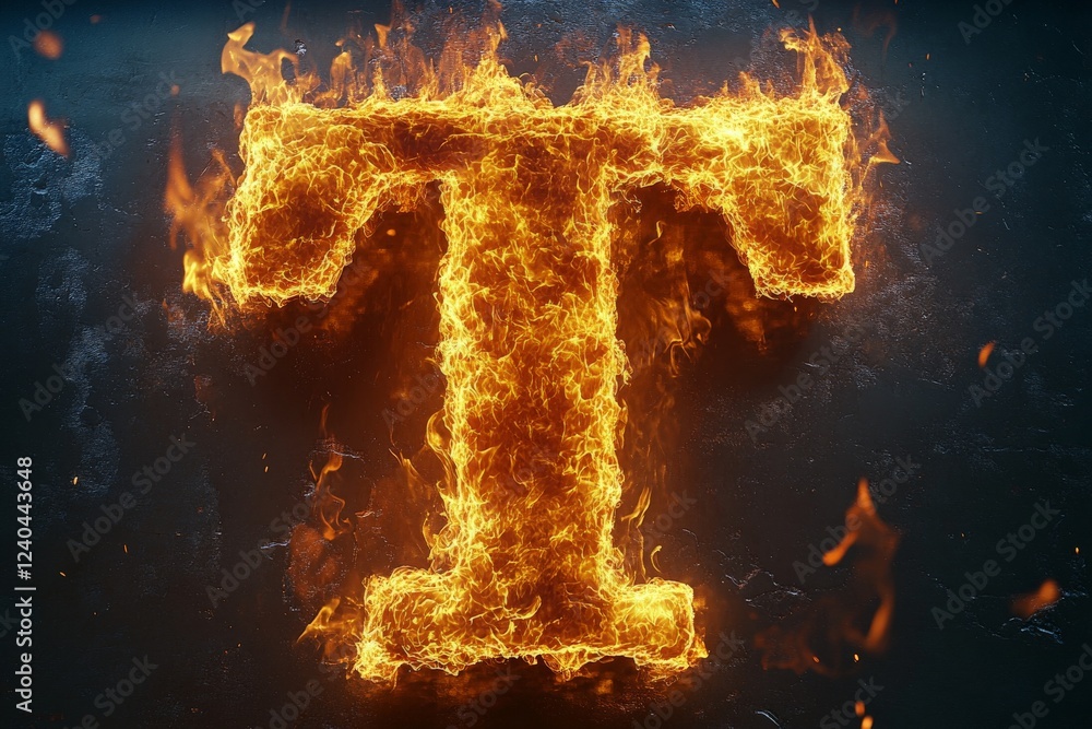 Aufkleber flaming letter t in vibrant orange and yellow sparks against a dark backdrop creating dynamic visual