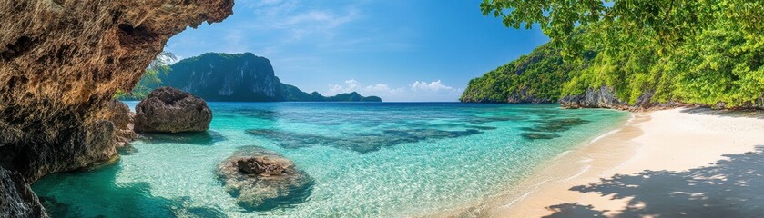 Fototapeta premium A stunning panoramic view of a tropical beach featuring clear turquoise waters, sandy shorelines, and lush greenery under a bright blue sky.