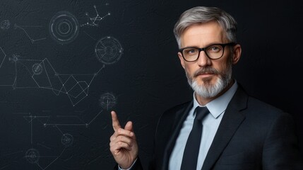 A professional man in a suit gestures confidently towards abstract diagrams on a dark background, embodying expertise and innovation.