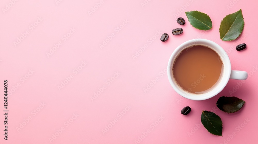 Leinwandbilder relaxing coffee moment on soft pink background with beans and leaves adding a fresh touch for creati