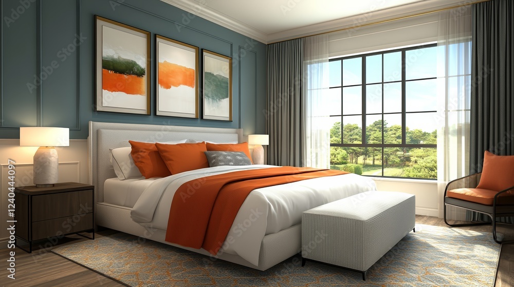 Poster cozy and inviting bedroom featuring a comfortable bed softly draped with linens a stylish chair by t