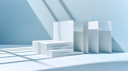 Minimalist White Product Display Platform with Blue Background and Light Shadows
