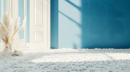 Serene Minimalist Room Interior Design with Pampas Grass and Blue Wall