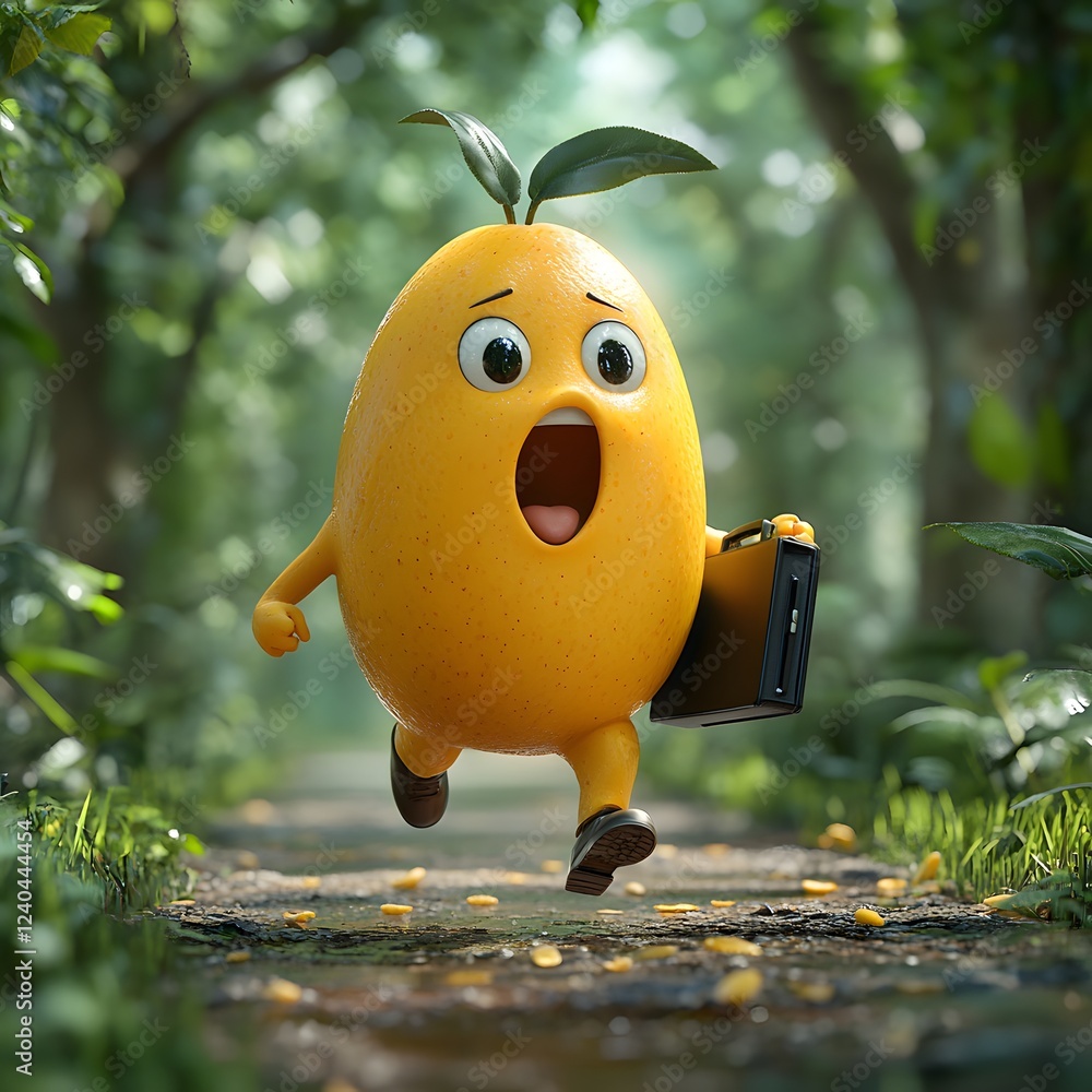 Poster whimsical 3d mango character midrun in a forest bright yellow with a surprised expression holding a 