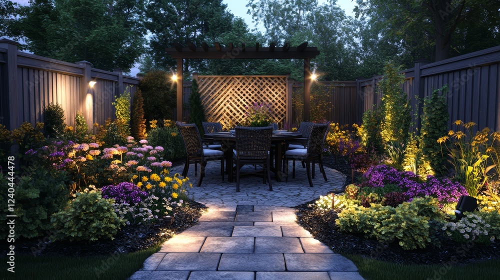 Poster charming outdoor patio setting featuring table and chairs surrounded by lush colorful flowers creati
