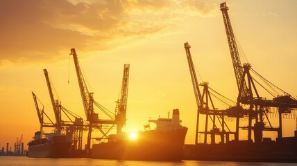 Obraz premium Silhouettes of cranes and ships against a vibrant sunset, creating a picturesque maritime scene at a busy port.