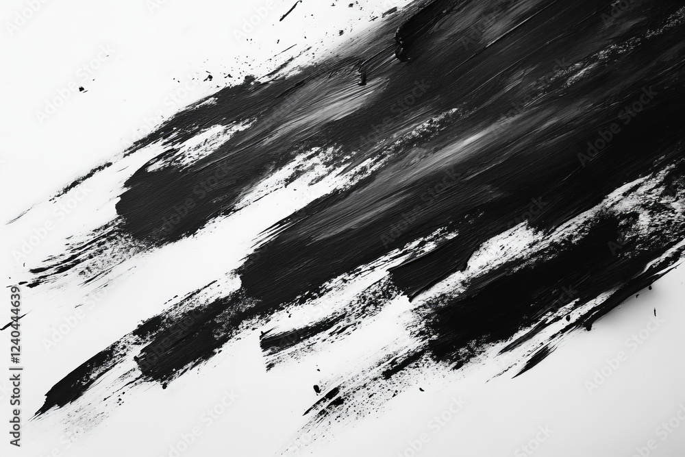 Poster bold black brush strokes create an abstract artwork with dynamic texture and contrast on a white can