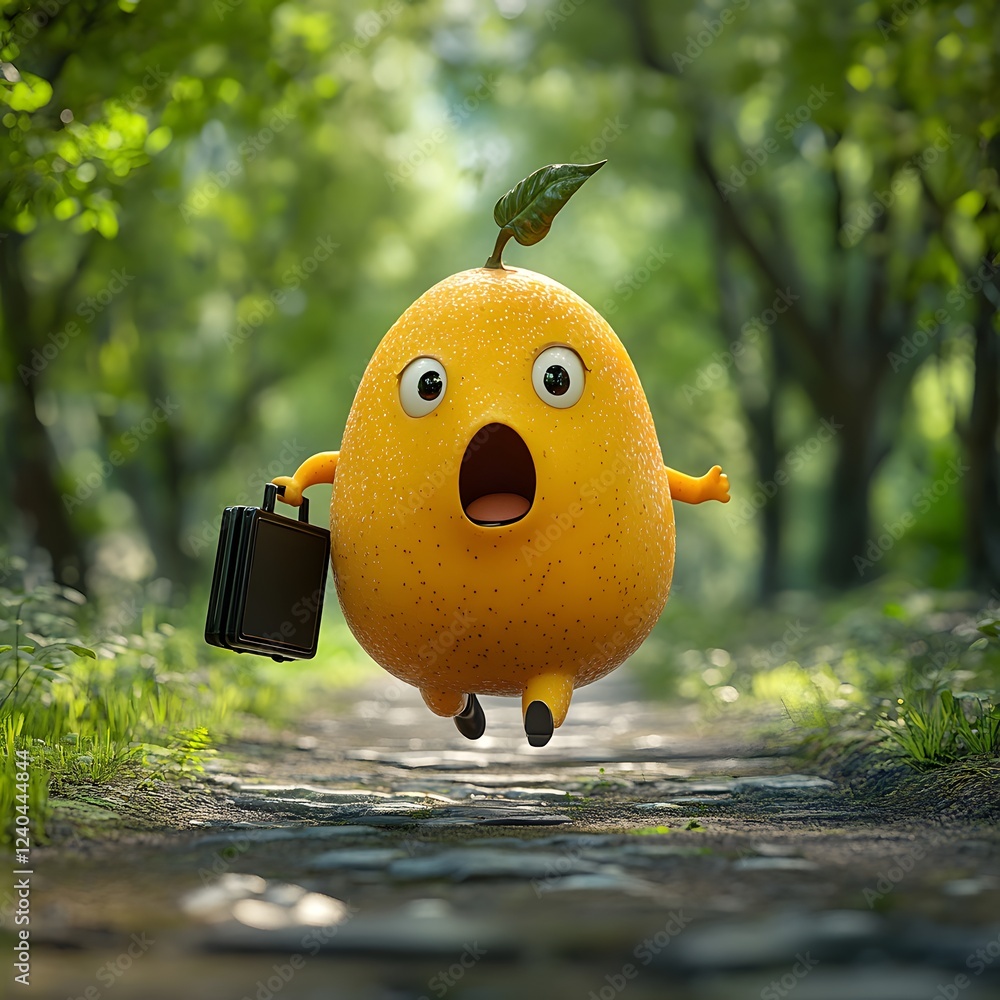 Poster whimsical 3d mango character midrun in a forest bright yellow with a surprised expression holding a 