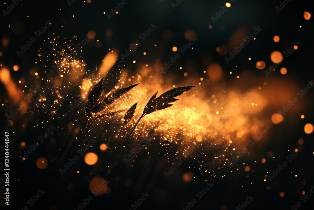 Aufkleber Sparkling particles create a magical atmosphere in a dark setting with grass and leaves