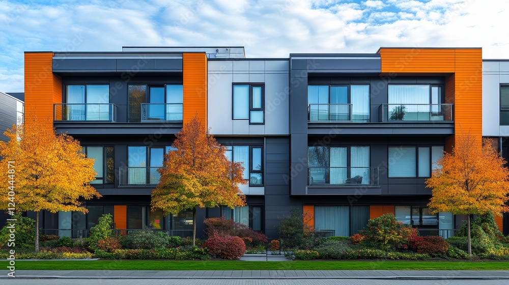 Poster charming row of multi family homes surrounded by lush green trees creating a welcoming neighborhood 