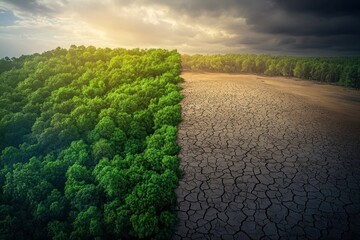 A split-frame photo of a lush green forest teeming with life contrasted against a barren, drought-stricken land.