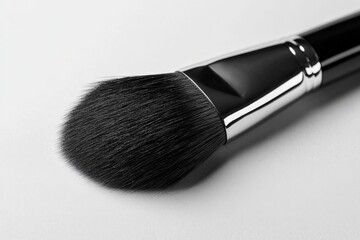 Detailed view of a professional makeup brush highlighting its soft bristles and sleek design suitable for flawless application