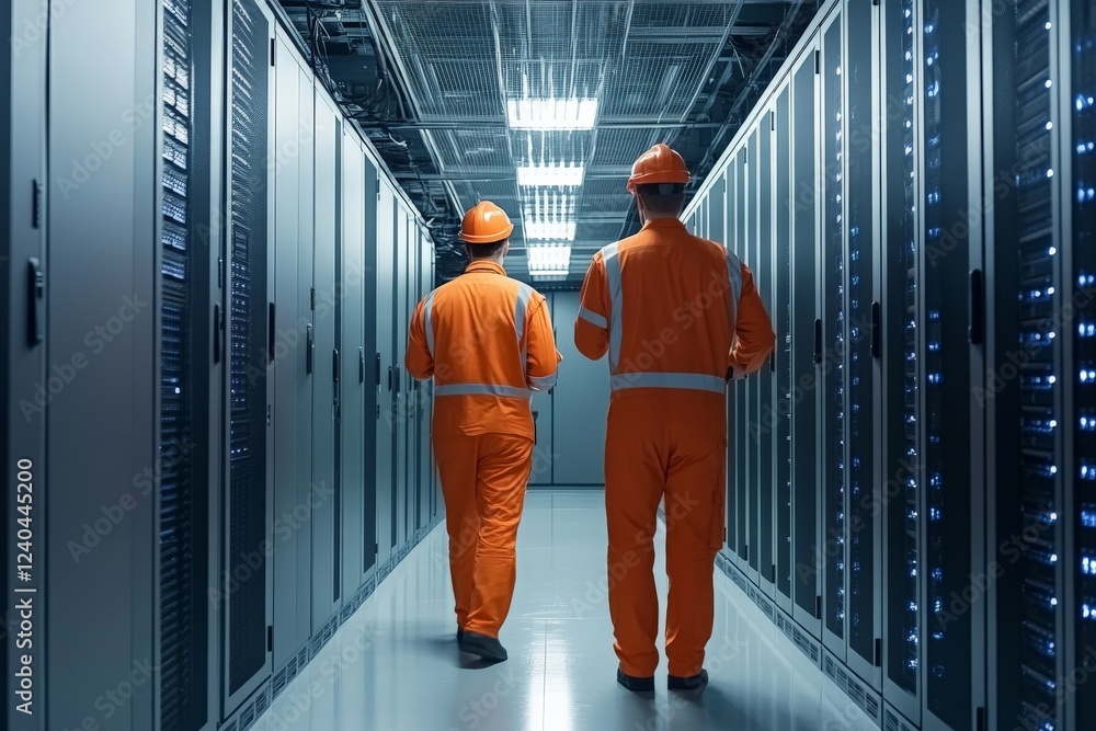 Aufkleber Data center staff wearing orange uniforms walk between server racks during a routine maintenance check in a dimly lit facility