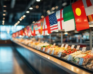 A vibrant food display featuring diverse dishes with international flags adorning the setup, showcasing a multicultural culinary experience.