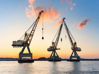 Obraz premium The image showcases three large cranes by the water during sunset, highlighting industrial activity against a colorful sky.