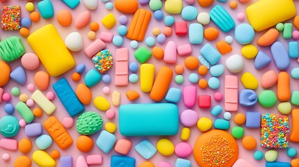 Colorful assortment of vibrant candy and sweets arranged neatly on a pastel background in a playful display