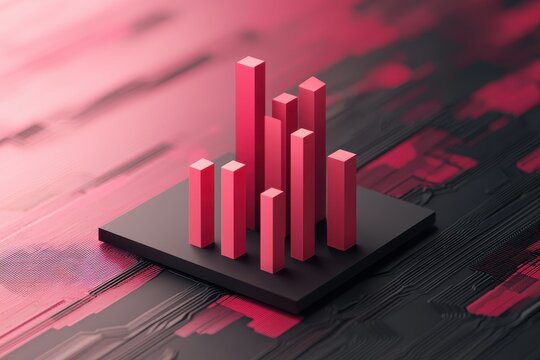 A modern, abstract 3D bar graph in red tones, displayed on a dark base, symbolizing data analysis and visualization.