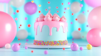 Colorful Birthday Cake with Pink Icing and Sprinkles Surrounded by Balloons and Confetti in a Bright Setting