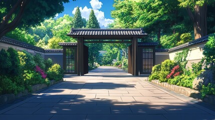 Fototapeta premium Charming Garden Gate Framed by Lush Green Trees and Colorful Blooms Inviting Visitors into a Tranquil Outdoor Sanctuary Filled with Natural Beauty and Serenity in a Peaceful Setting