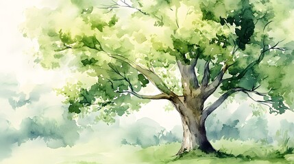 Watercolor Painting of a Majestic Green Tree in a Landscape
