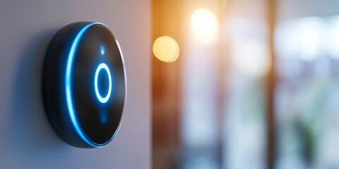 smart home device with glowing blue interface mounted on wall, illuminated by sunlight