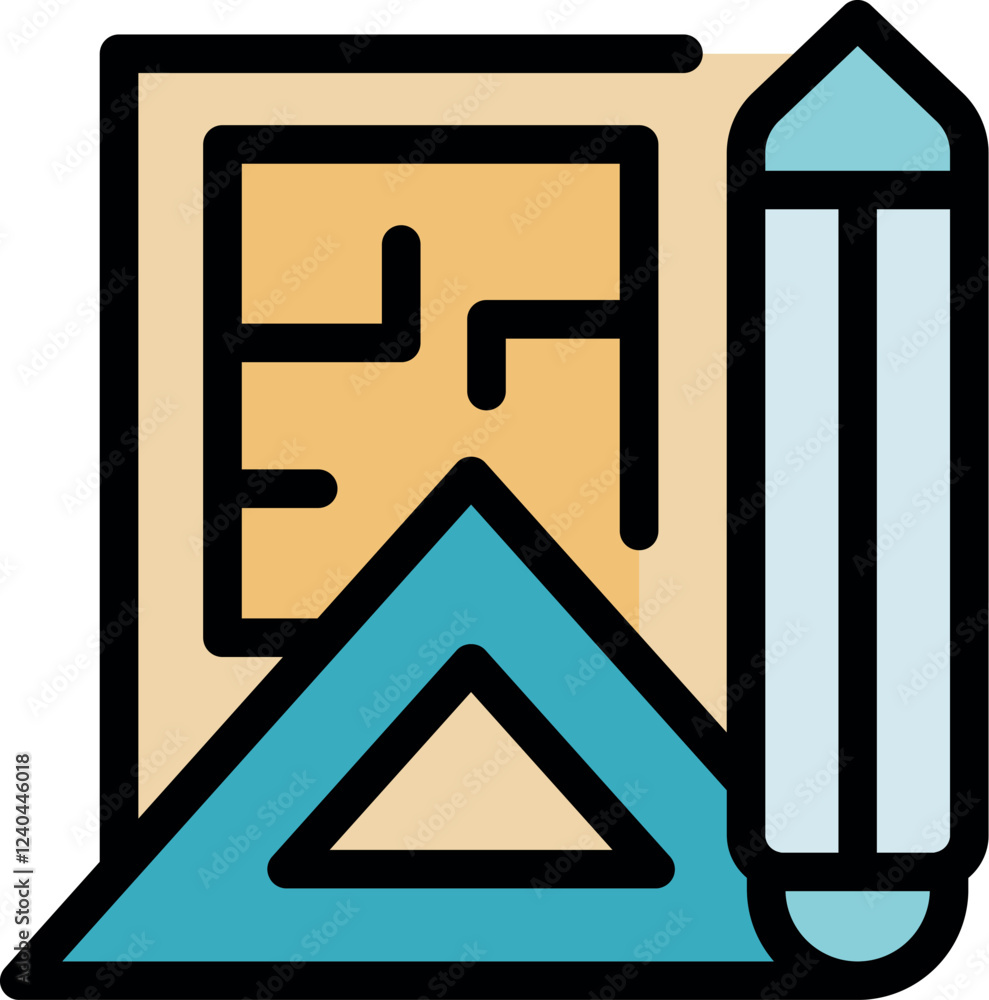Poster blueprint with pencil and set square illustrating architectural design process